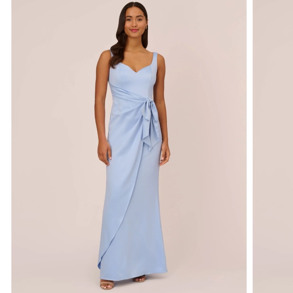 Adrianna Papell Satin Crepe Gown with Tie Waist in Blue Breeze